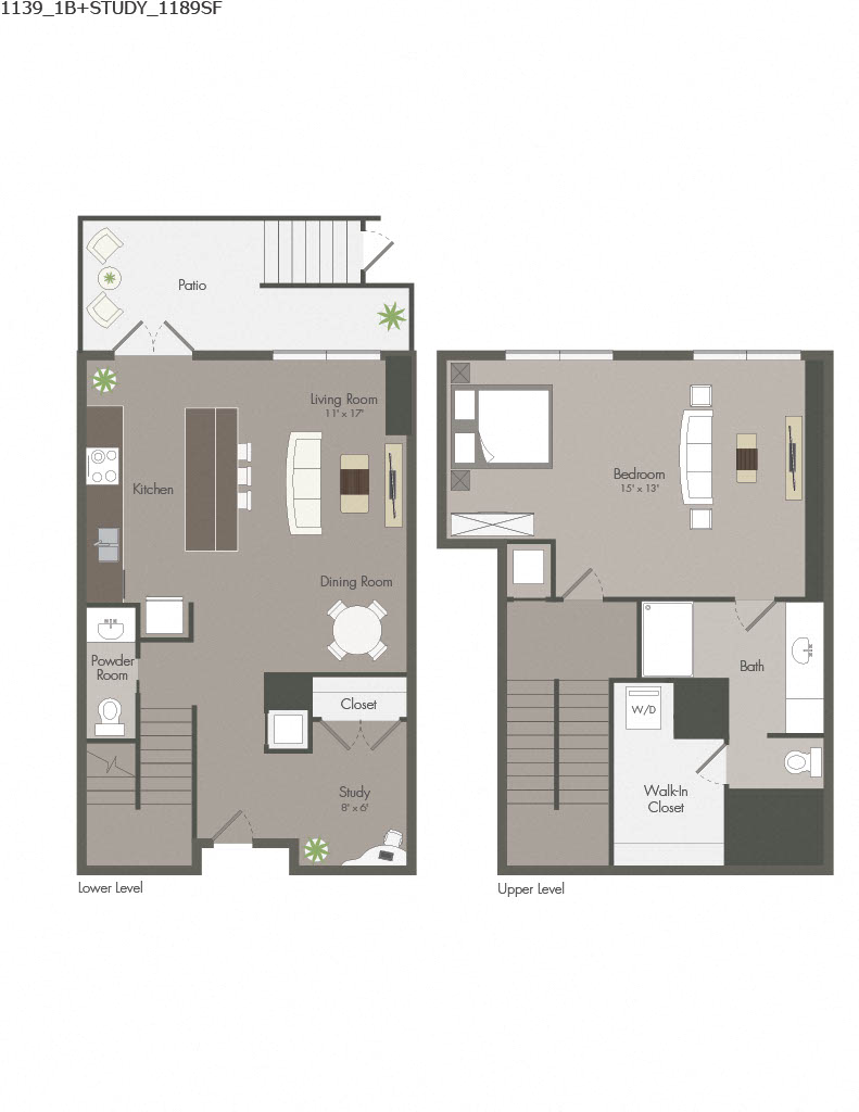 Floor plan for 1 bed, 1.5 baths, 1189 sqft